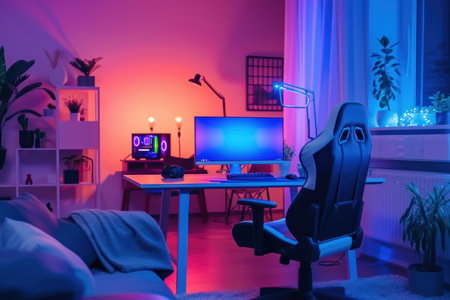 Modern computer desk and comfortable gamer chair in neon light.の素材