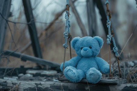 Blue toy teddy bear sitting on old wooden swing look sad.の素材