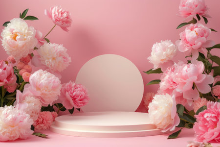 Pink podium platform with flower stand for beauty product presentation background.の素材