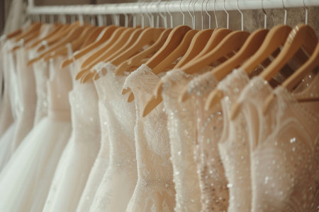 Close up Beautiful elegant luxury bridal dress on hangers.の素材