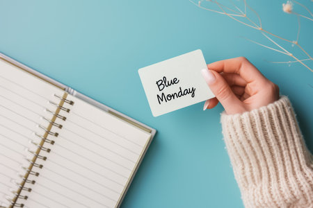 White card with text Blue Monday over blue background.の素材
