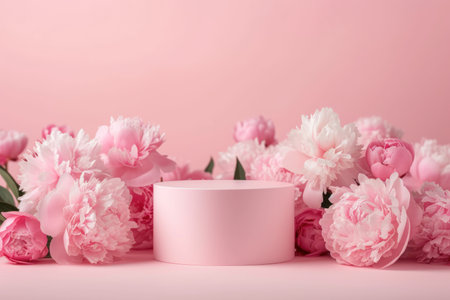Pink podium platform with flower stand for beauty product presentation background.の素材