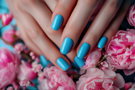 Woman hands with trendy polish manicure on background.の素材