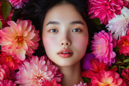 Young girl face surrounded with many colorful flower blooms.の素材