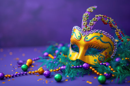 Copy space background of Mardi Gras carnival mask and beads on purple background.の素材