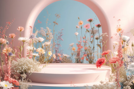 3D podium for cosmetic products surrounded spring flower background.の素材