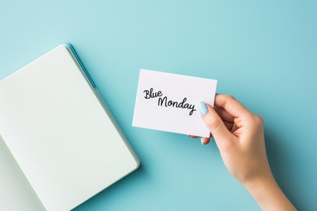 White card with text Blue Monday over blue background.の素材