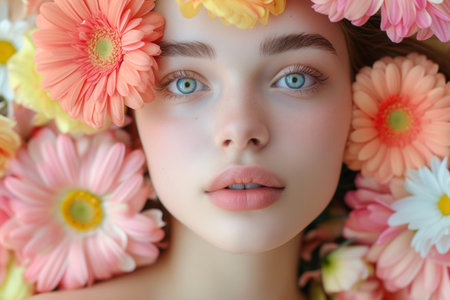 Young girl face surrounded with many colorful flower blooms.の素材