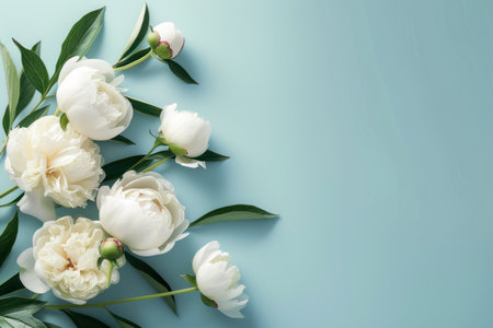 White peony rose on light blue background with copy space for text.の素材