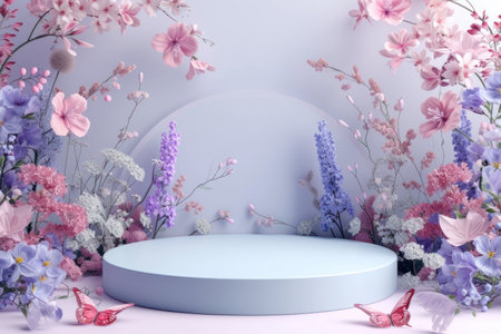 3D podium for cosmetic products surrounded spring flower background.の素材