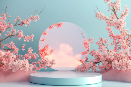 3D podium for cosmetic products surrounded spring flower background.の素材