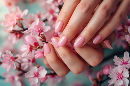 Woman hands with trendy polish manicure on background.の素材