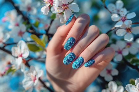 Woman hands with trendy polish manicure on background.の素材