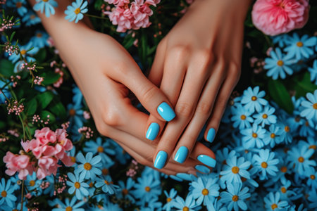 Woman hands with trendy polish manicure on background.の素材