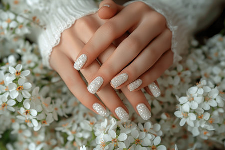 Woman hands with trendy polish manicure on background.の素材