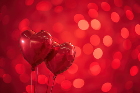 Two red heart shaped balloons on red background with bokeh lights.の素材