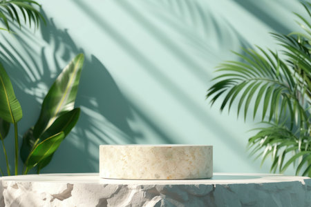 3D Podium stand with tropical leaves background.の素材
