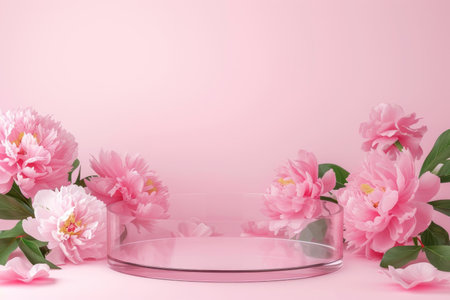 Pink podium platform with flower stand for beauty product presentation background.の素材
