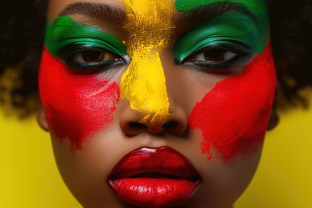 Closed up African-American woman face fashion with red yellow green black colors.の素材