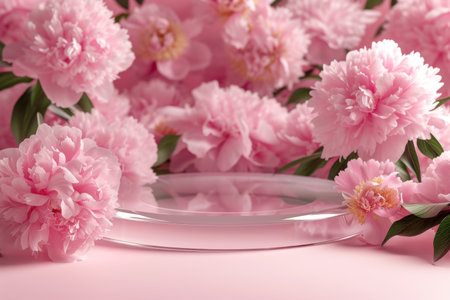 Pink podium platform with flower stand for beauty product presentation background.の素材