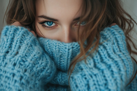 Blue moday concept. Woman in blue turtleneck knitted sweater sadly looking at camera.の素材