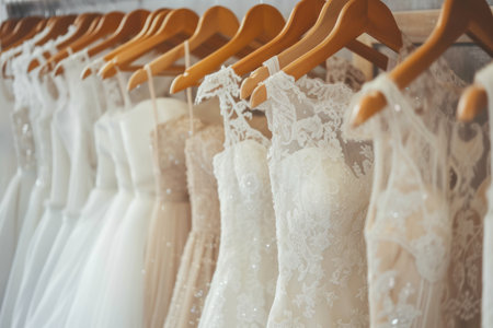 Close up Beautiful elegant luxury bridal dress on hangers.の素材