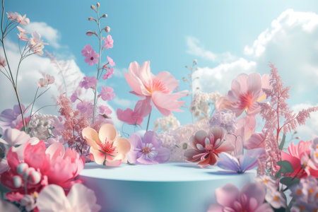 3D podium for cosmetic products surrounded spring flower background.の素材
