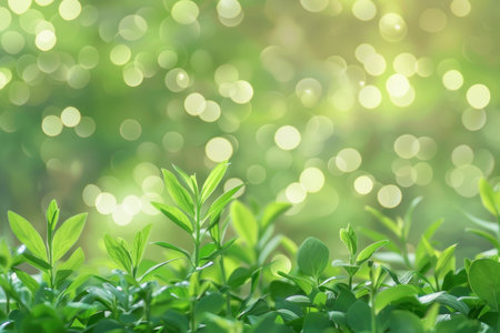 Wooden board with a fresh spring green garden foliage background and blurred bokehの素材