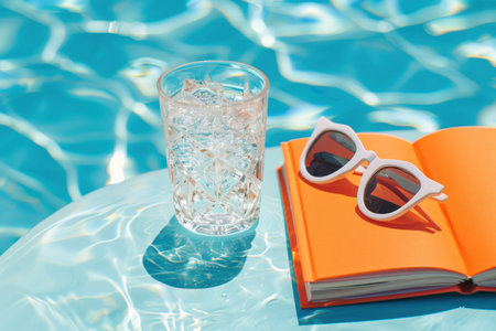 Orange book ,stylish white sunglasses and crystal glass on sunny blue background.の素材