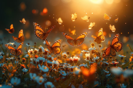 Butterfly's wings blending harmoniously with the blossoms.の素材