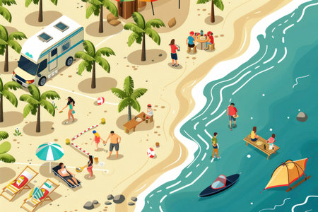 Isometric beach with people having lunch and campers.の素材