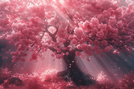 a cherry blossom tree in full bloom, its delicate pink petals creating a dreamy canopyの素材