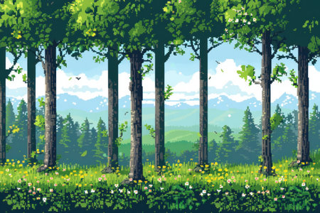 8 bit game style of spring or summer forest horizontal background.の素材