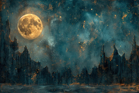 The beauty of the night sky a starry expanse, with the moon shining brightly.の素材