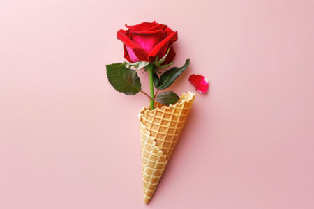 Red rose flower in waffle cone on pink background.の素材