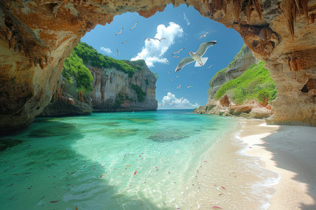 A tropical beach paradise with powdery white sand and swaying palm trees. The emerald waters gently lap against the shore.の素材