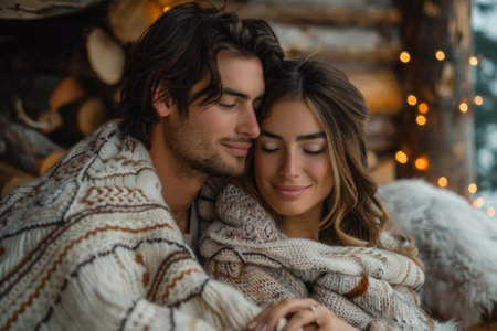 A couple deeply in love sharing a cozy moment in a rustic cabin surrounded by snow covered trees.の素材