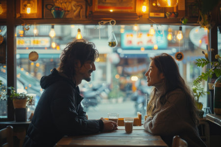 A couple deeply in love sharing a sweet moment in a charming cafe.の素材