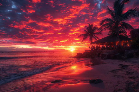 Beach scene at twilight with the sky Silhouettes of palm trees.の素材