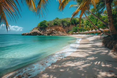 A tropical beach paradise with powdery white sand and swaying palm trees. The emerald waters gently lap against the shore.の素材