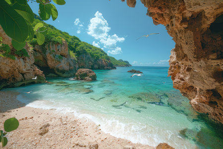 A tropical beach paradise with powdery white sand and swaying palm trees. The emerald waters gently lap against the shore.の素材