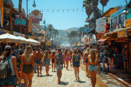 A bustling beach boardwalk lined with colorful shops and lively cafes.の素材