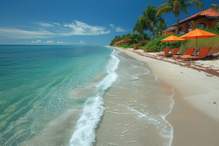 A tropical beach paradise with powdery white sand and swaying palm trees. The emerald waters gently lap against the shore.の素材