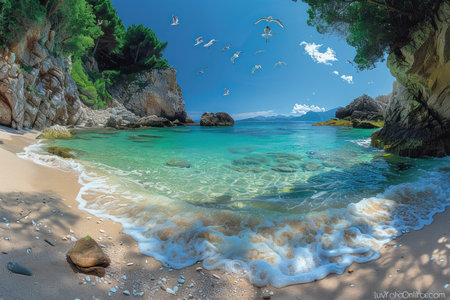 A tropical beach paradise with powdery white sand and swaying palm trees. The emerald waters gently lap against the shore.の素材