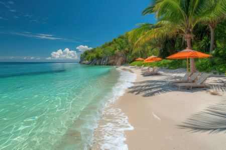 A tropical beach paradise with powdery white sand and swaying palm trees. The emerald waters gently lap against the shore.の素材