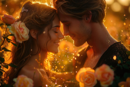 A couple in love dancing under a canopy of fairy lights in a garden filled with blooming flowers.の素材