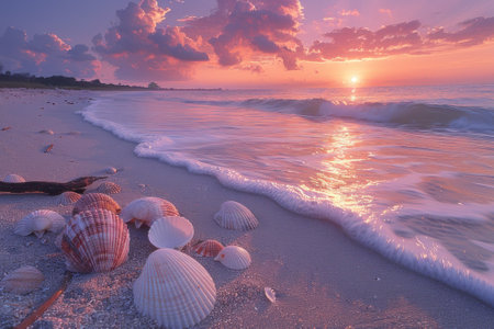 Beach at sunrise with the sky painted in soft pastel colors with sea shells.の素材