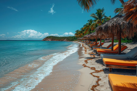 A tropical beach paradise with powdery white sand and swaying palm trees. The emerald waters gently lap against the shore.の素材