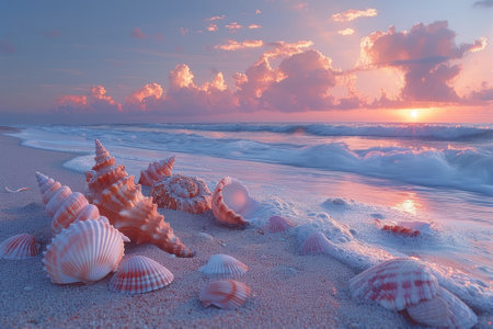 Beach at sunrise with the sky painted in soft pastel colors with sea shells.の素材