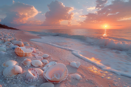 Beach at sunrise with the sky painted in soft pastel colors with sea shells.の素材